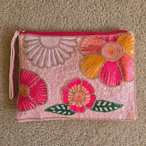 NWOT America & Beyond Summer Garden Sequin Beaded Clutch Wristlet Zippered Pouch